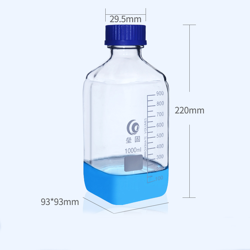 GL45 Square bottle with screw cap, clear glass, graduated, 100 ml to 1000 ml