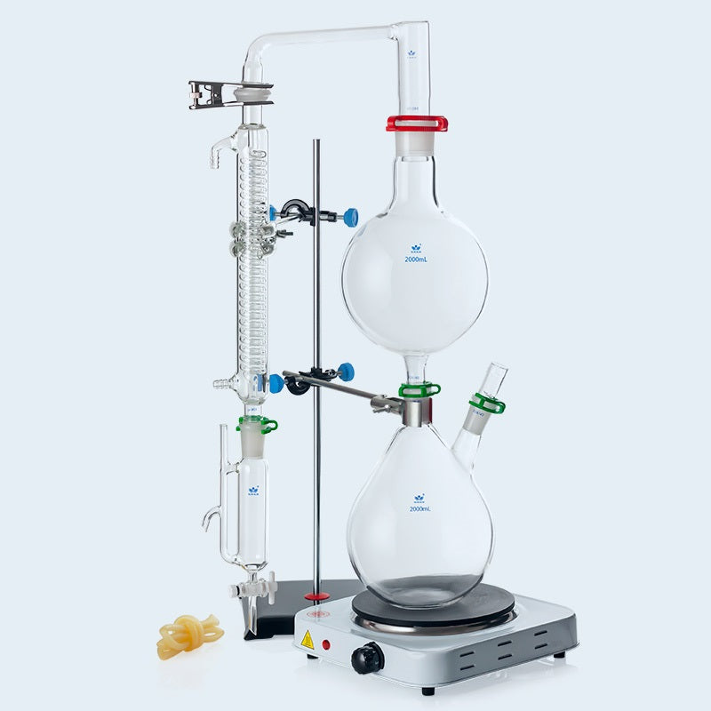 Essential oil steam distillation apparatus, complete glass set, 500 to 2000 ml