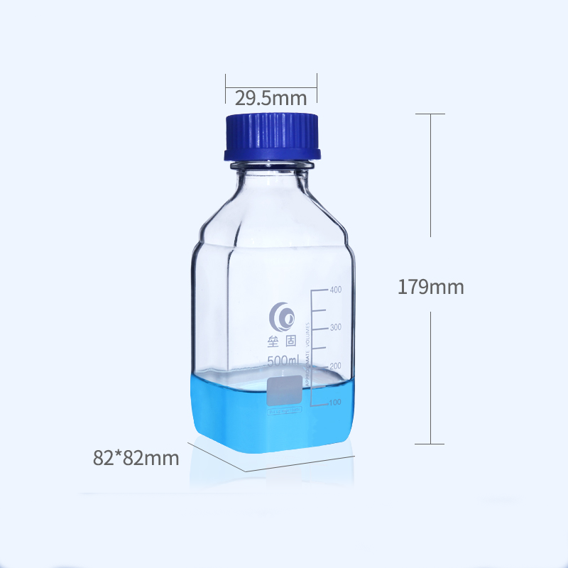 GL45 Square bottle with screw cap, clear glass, graduated, 100 ml to 1000 ml