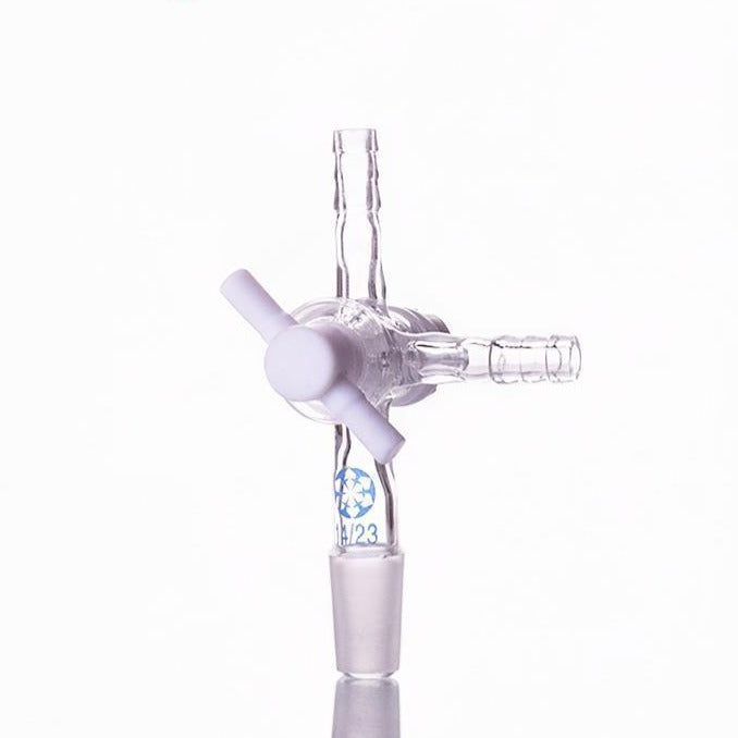 Connecting adapter with T-shaped hose connector and PTFE stopcock