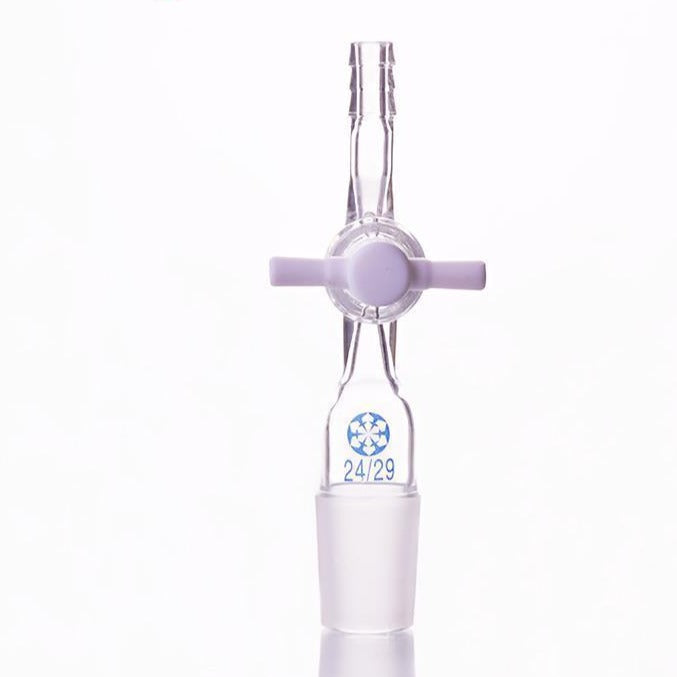 Connecting adapter with hose connector and PTFE stopcock