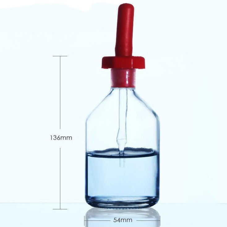 Dropper bottle with pipette and cover, clear glass, 30 ml to 125 ml