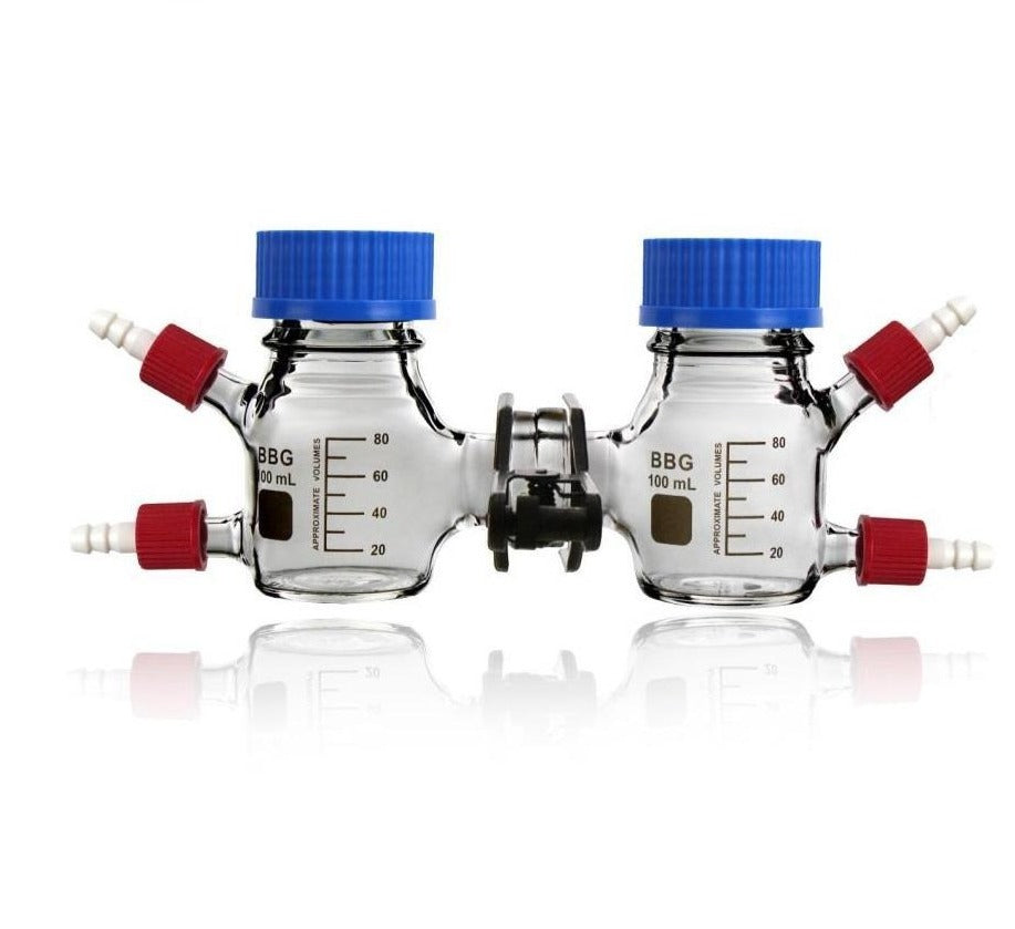 Dual chamber H-cell membrane reactor with 4 in/outlets for microbial fuel cell (MFC), capacity 100 to 1000 ml
