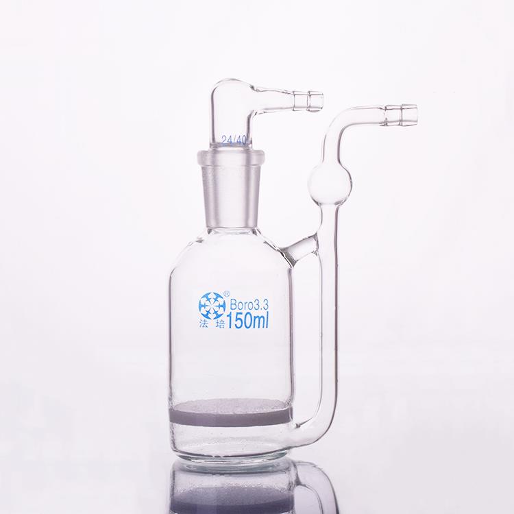 Gas washing and drying bottle with large diameter fritted disc