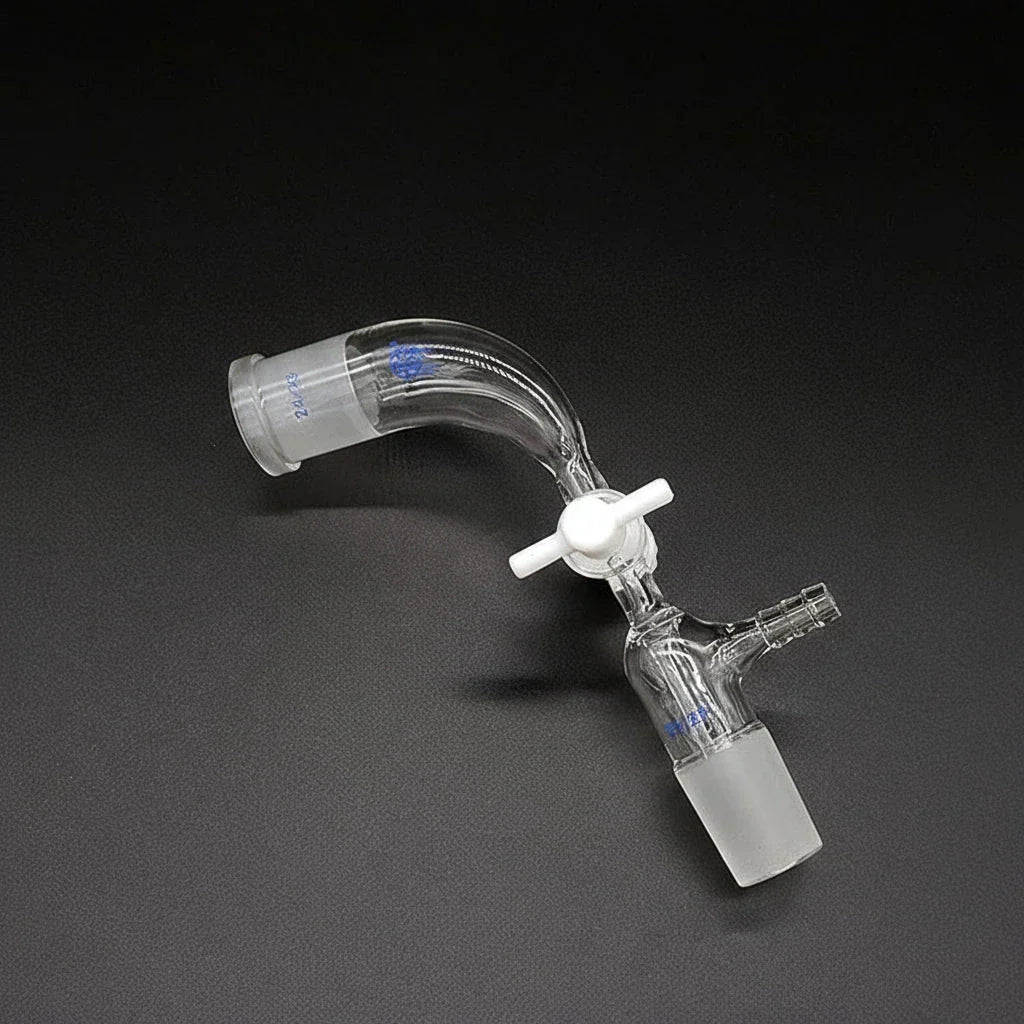 105° Flow control adapter with PTFE stopcock and hose connector