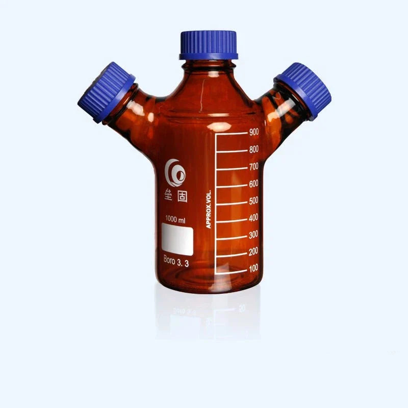 Three-necked HPLC bottle with GL45 screw cap, brown glass,capacity 250 to 2000 ml