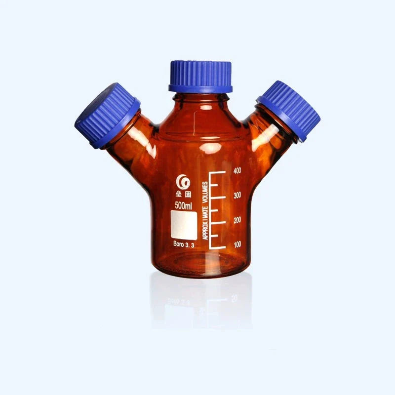 Three-necked HPLC bottle with GL45 screw cap, brown glass,capacity 250 to 2000 ml