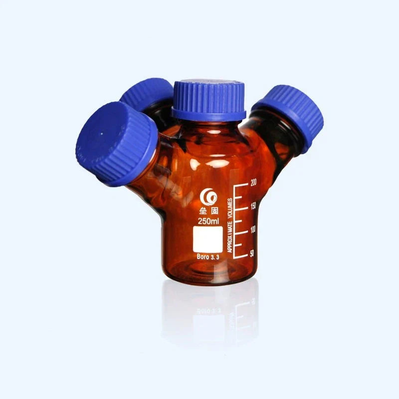 Four-necked HPLC bottle with GL45 screw cap, brown glass,capacity 250 to 2000 ml
