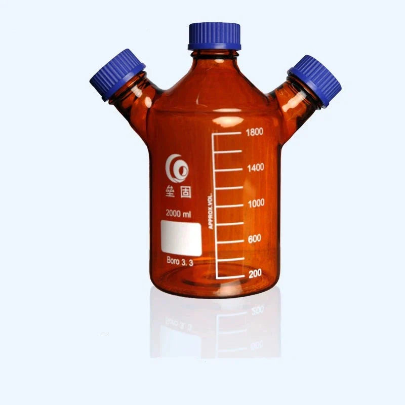 Three-necked HPLC bottle with GL45 screw cap, brown glass,capacity 250 to 2000 ml