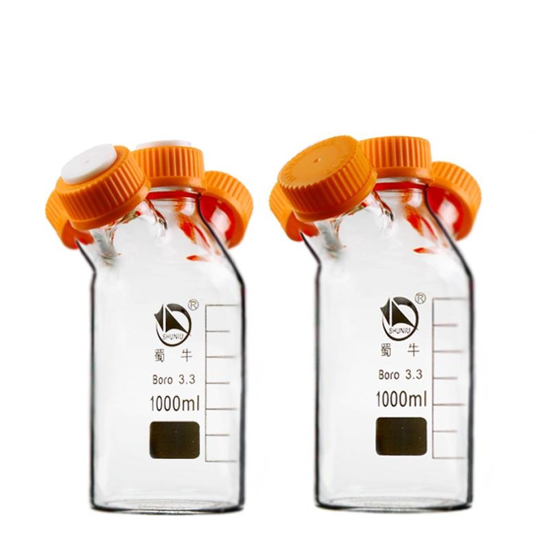 Four-necked HPLC bottle with GL45 screw cap, capacity 250 to 20000 ml
