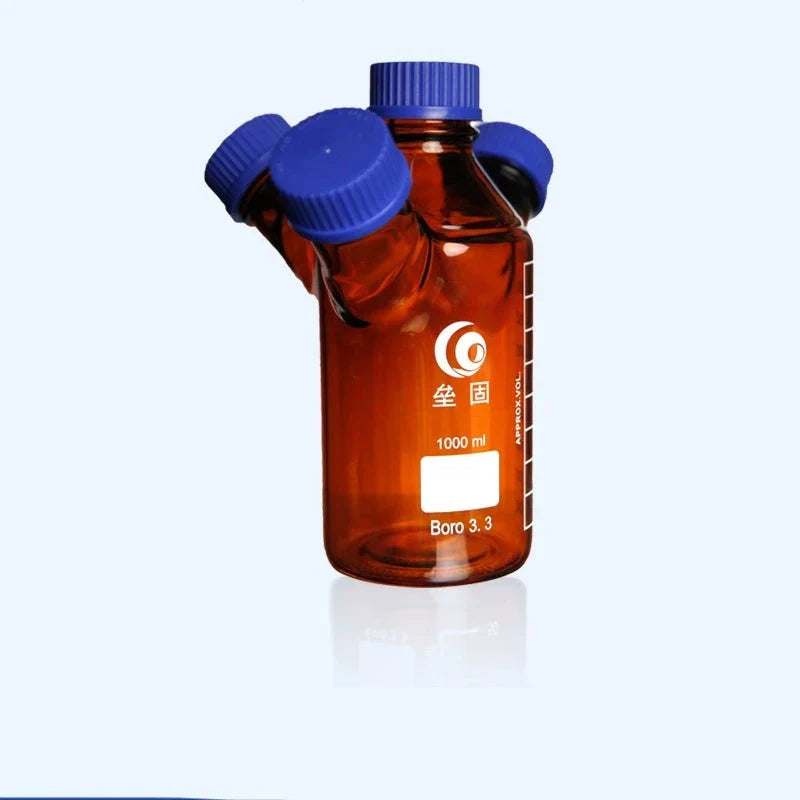 Four-necked HPLC bottle with GL45 screw cap, brown glass,capacity 250 to 2000 ml