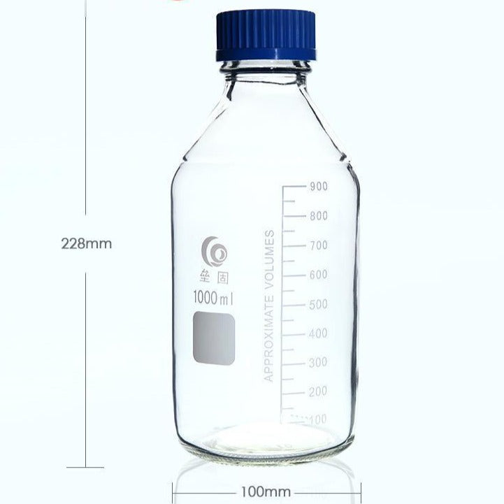 Screw top bottle, clear glass, graduated, 25 ml to 2000 ml