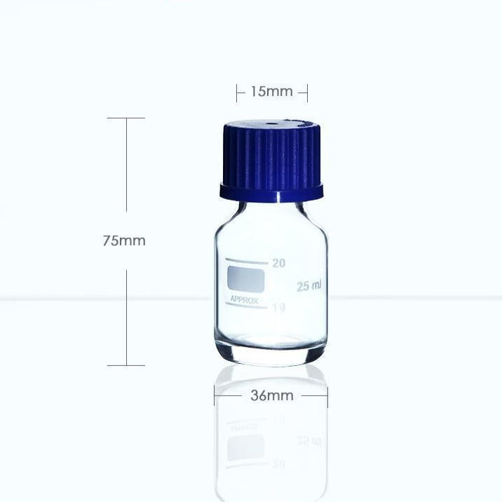 Screw top bottle, clear glass, graduated, 25 ml to 2000 ml