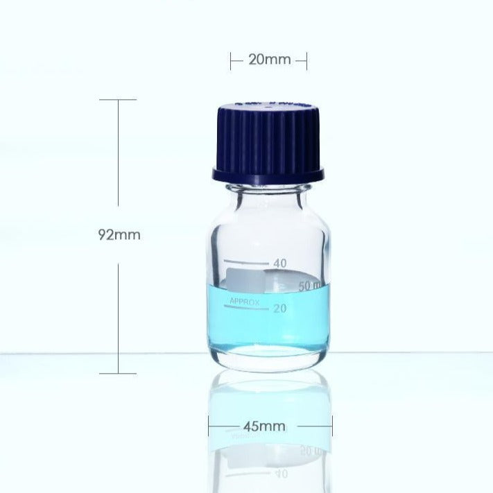 Screw top bottle, clear glass, graduated, 25 ml to 2000 ml